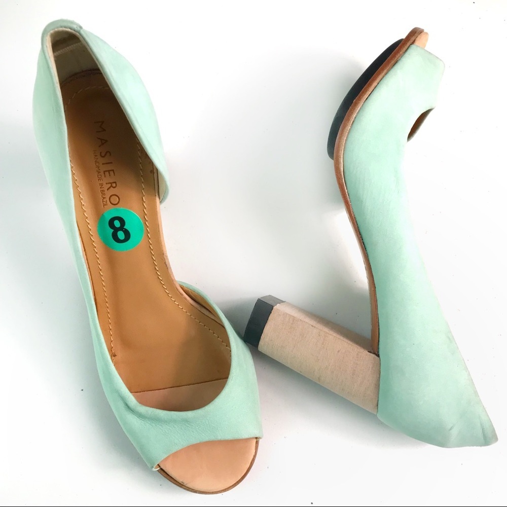 Masiero Seafoam Green Nubuck Block Heel Peep Toes